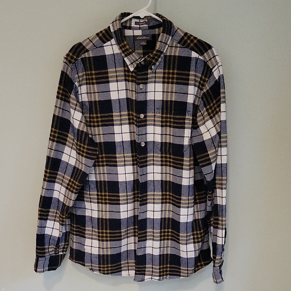 Eddie Bauer Dark Blue White Casual Button Down Thick Flannel Shirt TALL LARGE